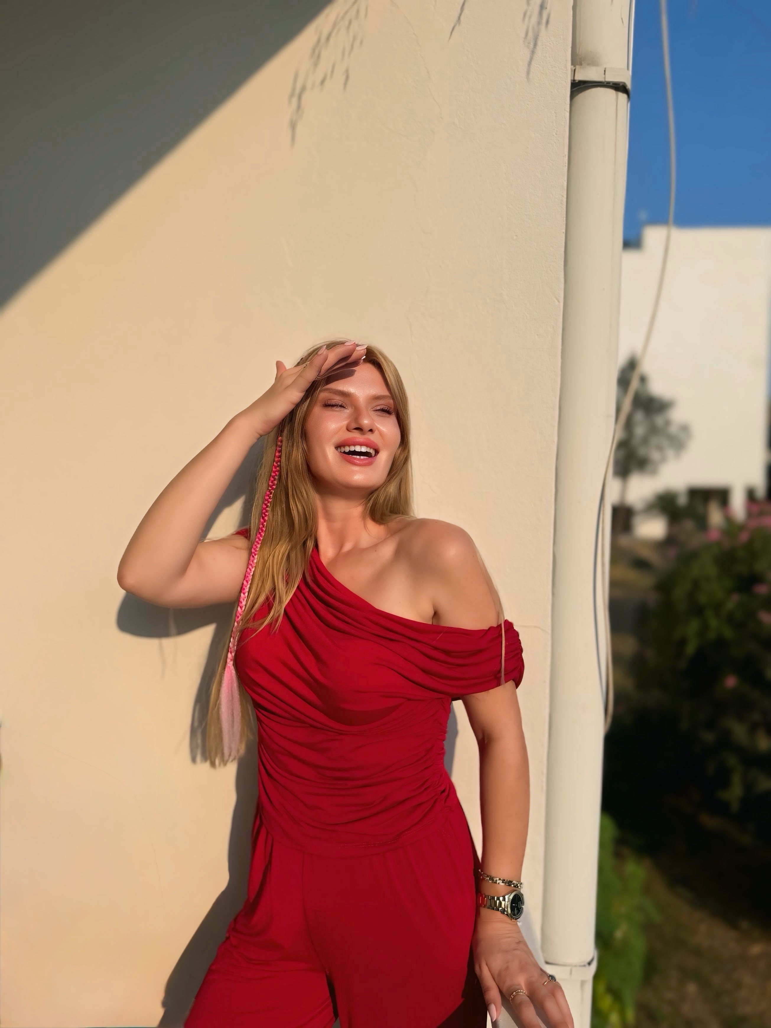 TAKIMKırmızı Yanı Büzgülü Bluz Pantolon Takım
