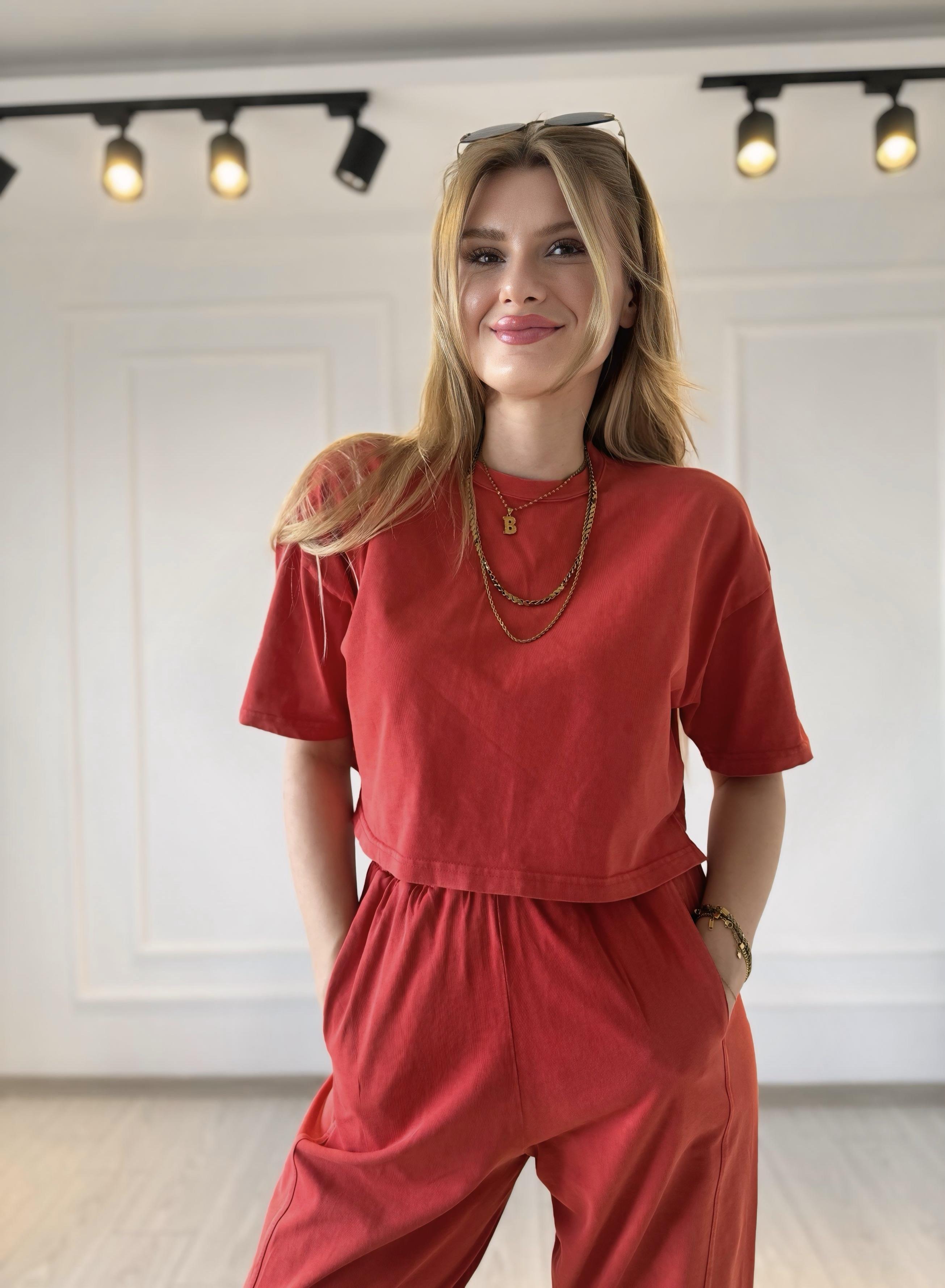 TAKIMMarka Model Kar Yıkamalı Pantolon Tshirt Takım - Nar Çiçeği