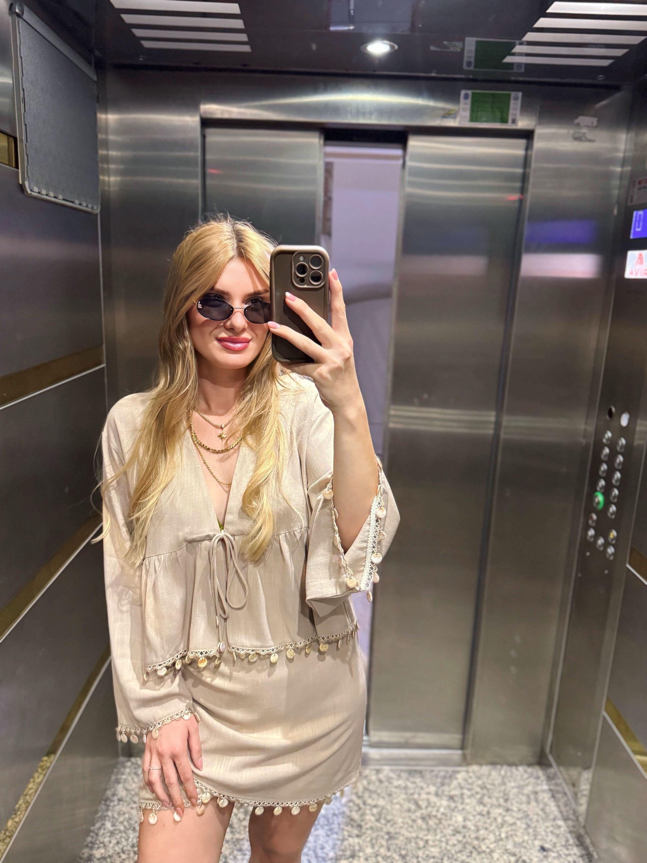 TAKIMMidye Kabuk Boncuk İşlemeli Keten Kimono Etek Takım - Natur