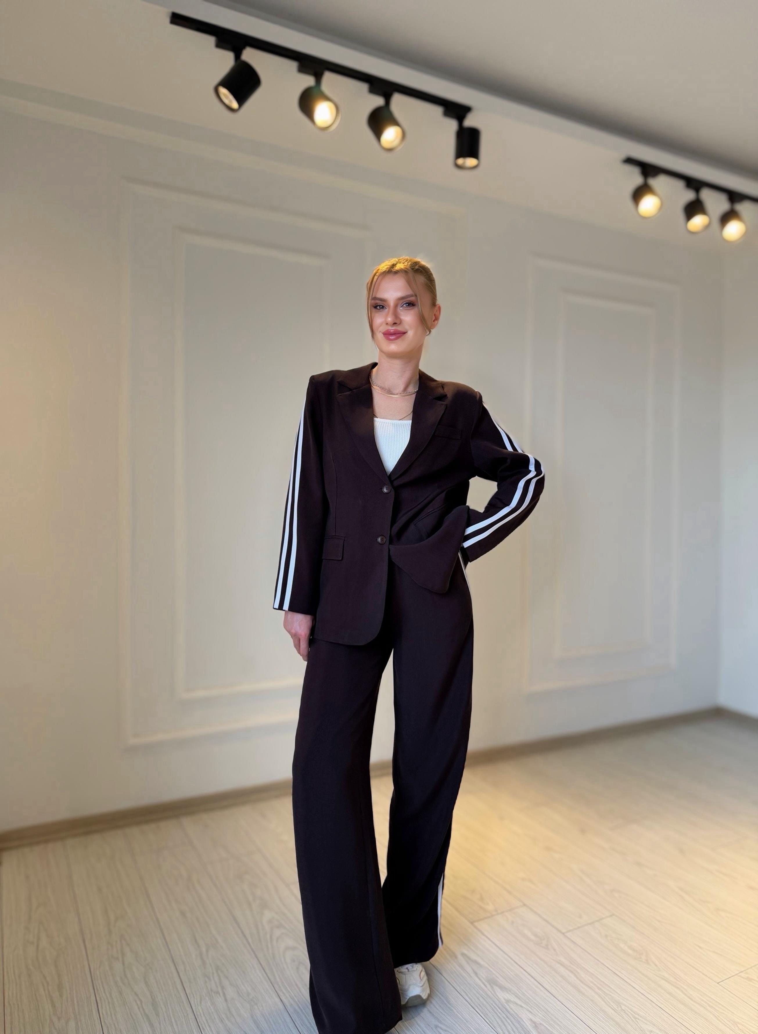 TAKIMMürdüm Kahve Şerit Detay Tensel Kumaş Blazer Pantolon Takım