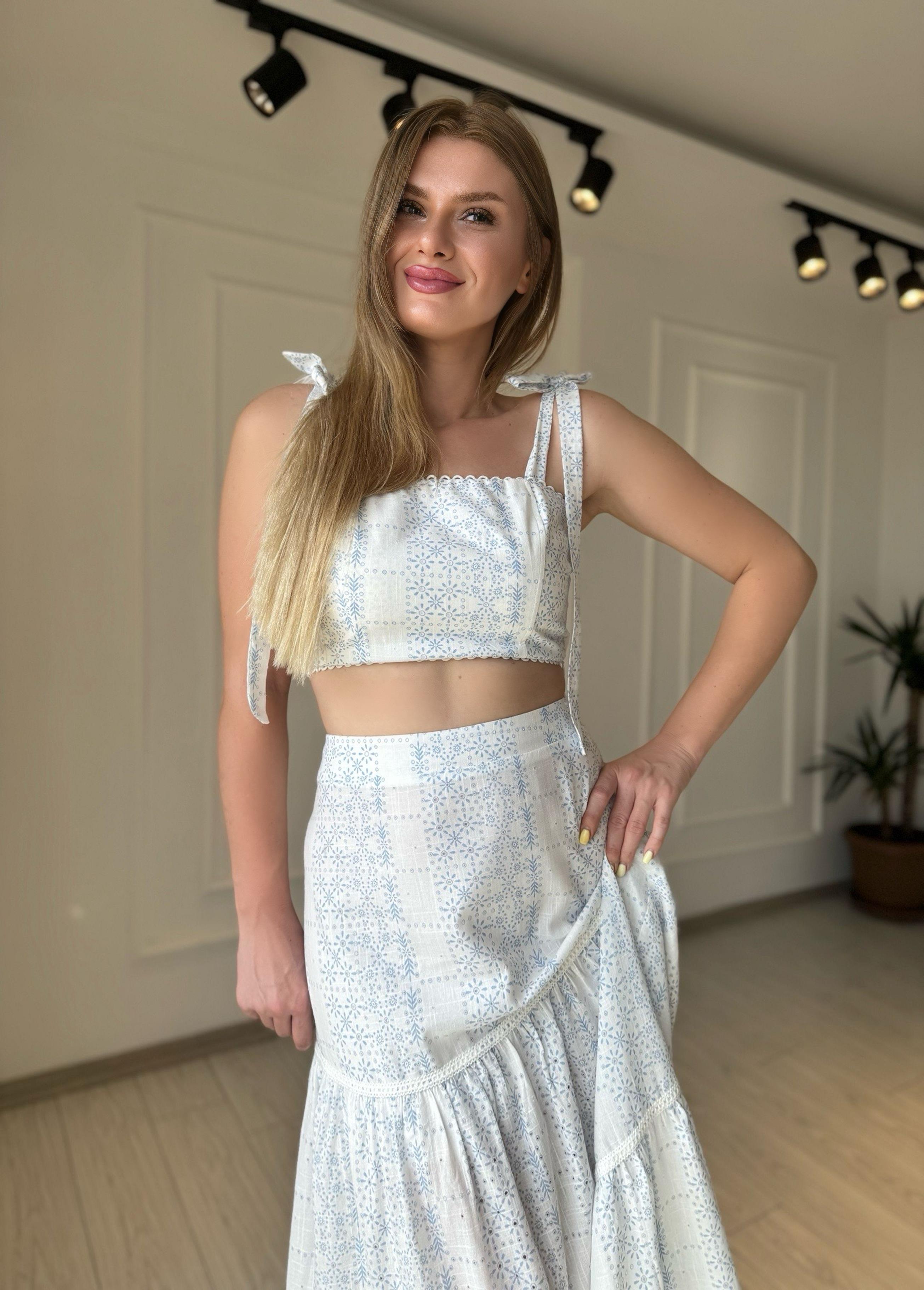 TAKIMŞerit Dantel Detaylı Fiyonk Bağlamalı Crop Top Etek Takım