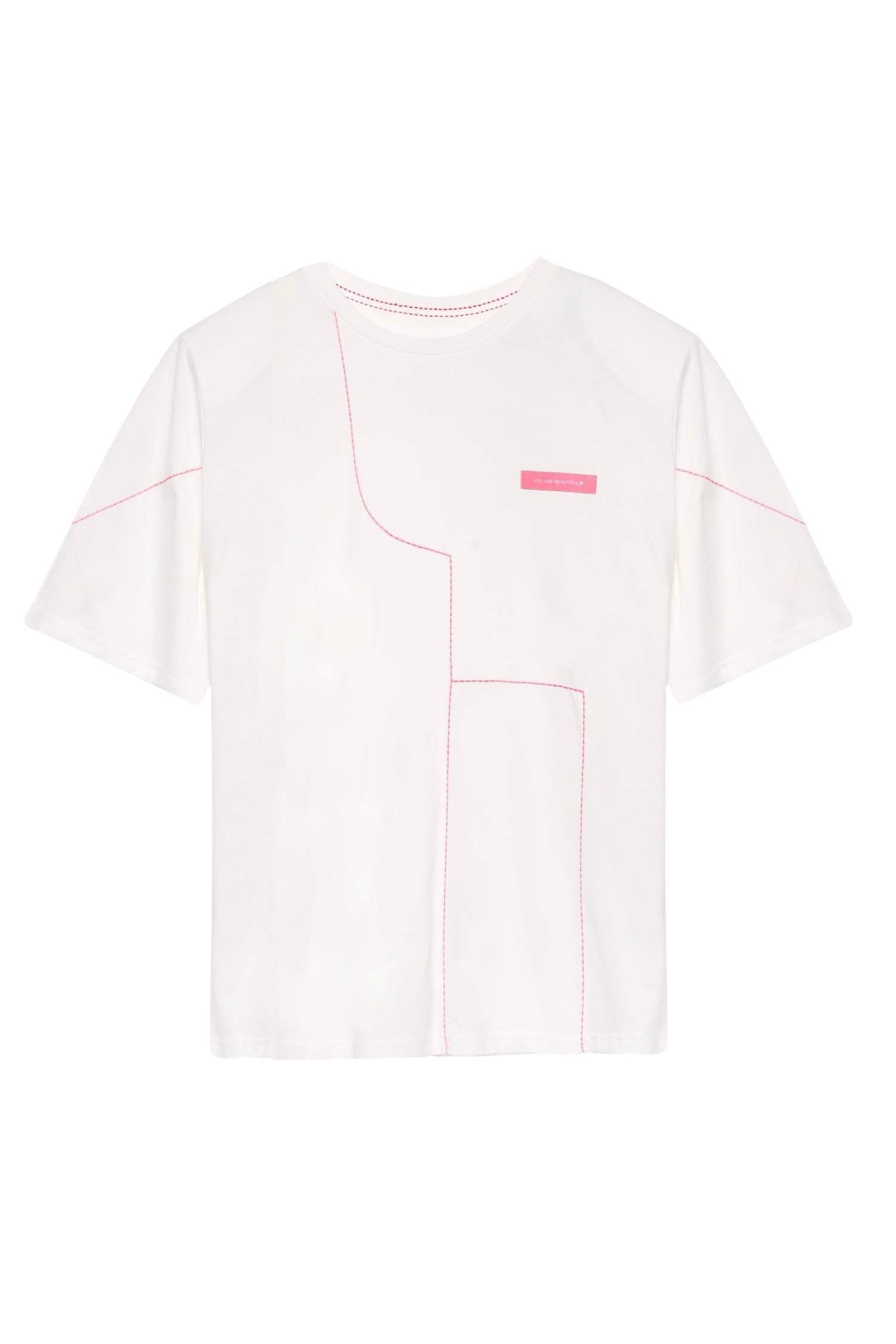 Vatkalı Punto Pembe Nakış Detaylı T-shirt - EkruTshirtVatkalı Punto Pembe Nakış Detaylı T-shirt - Ekru