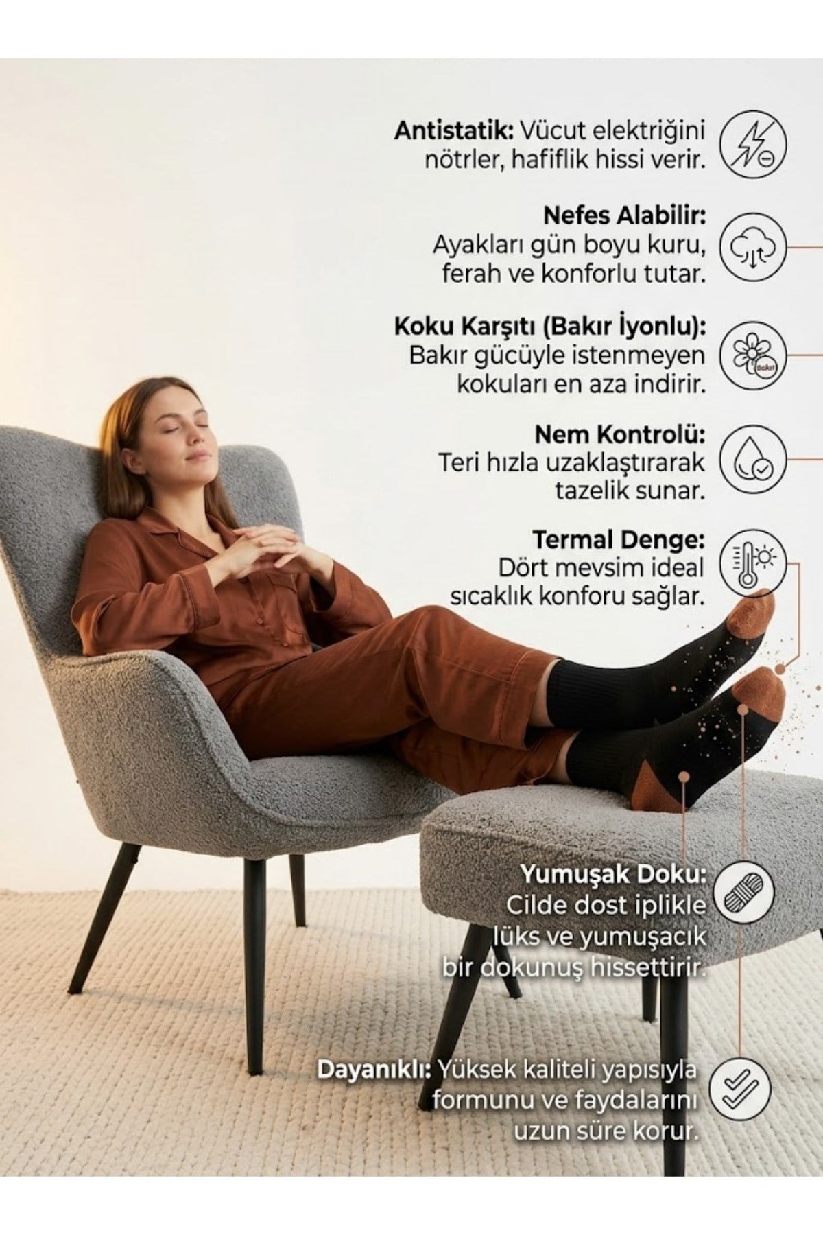 Copper Touch Bakır İplikli Antistatik Koku Karşıtı Premium Çorap