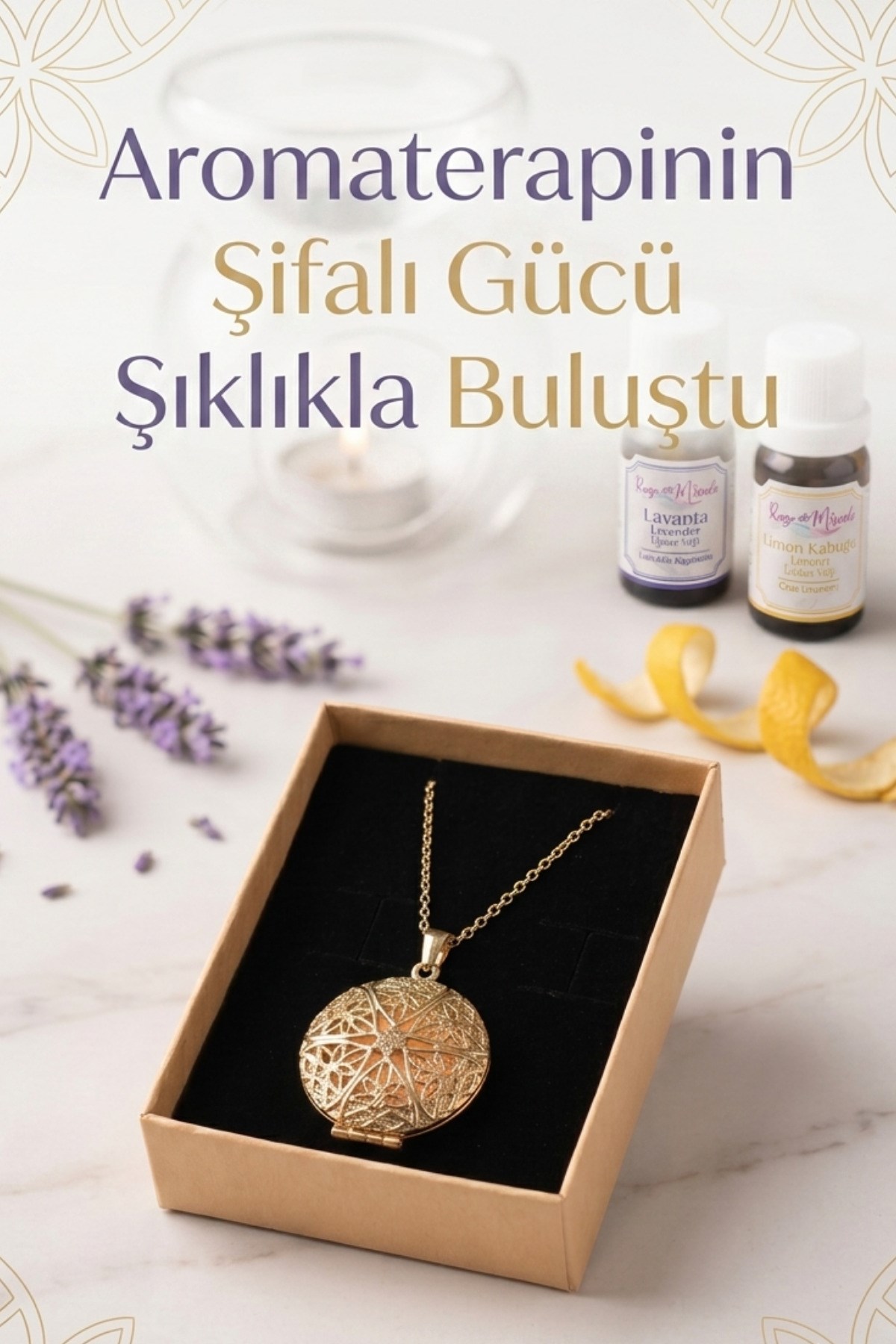Yaşam Çiçeği Desenli Aromaterapi Altın Sarısı Gold Kolye - Koku Hazneli Gold Kolye + 3 Yedek Keçe Hediyeli