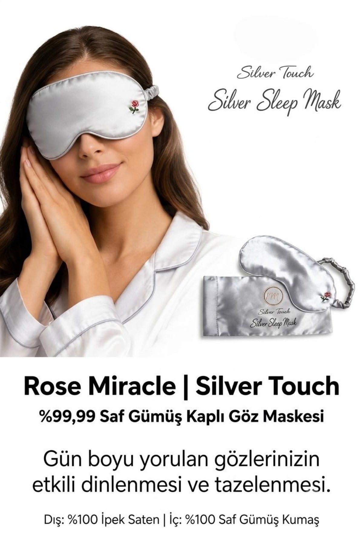 %99.9 Saf Gümüş Kaplı %100 İpek Saten Uyku Maskesi Göz Bandı (Oeko-Tex Sertifikalı Göz Maskesi)