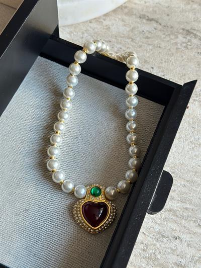 Bordo Kalpli Vintage İnci Kolye 