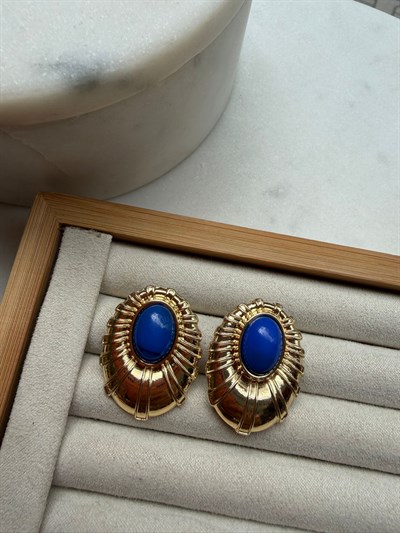 Lacivert Düğmeli Vintage Gold Küpe