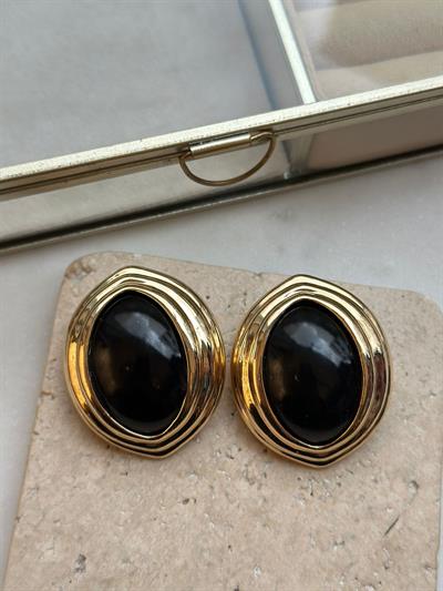 Siyah Düğmeli Gold Çerçeveli Büyük Marka Küpe