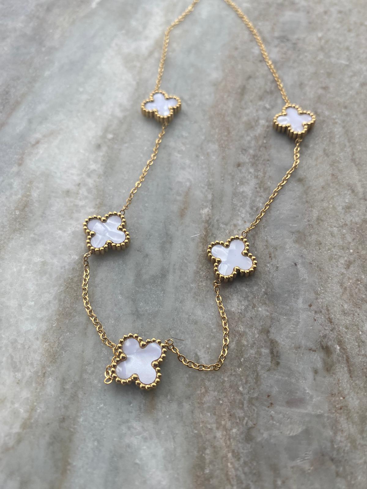 5 Yonca Beyaz Gold Renk Kolye (45cm)