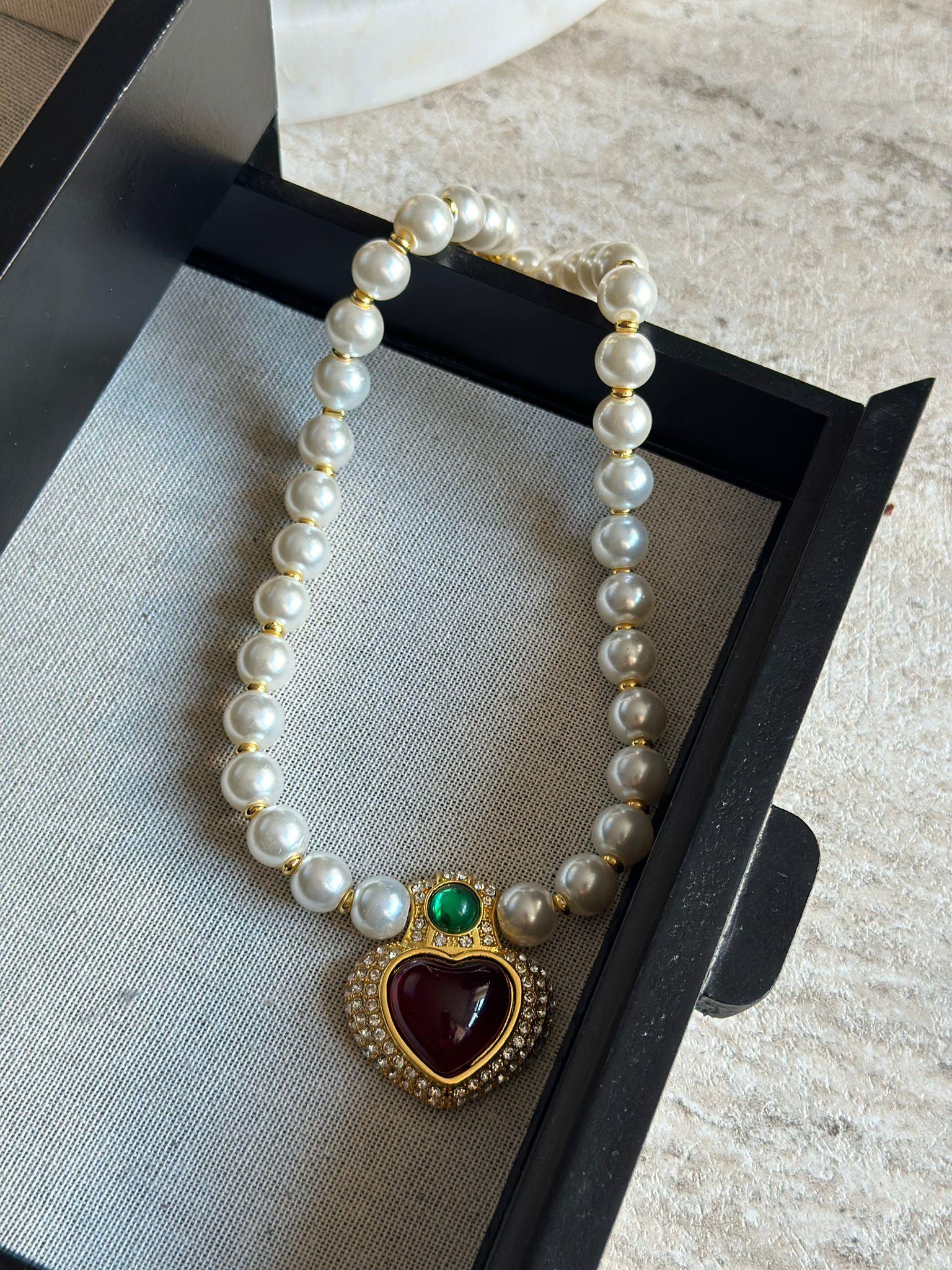 Bordo Kalpli Vintage İnci Kolye 