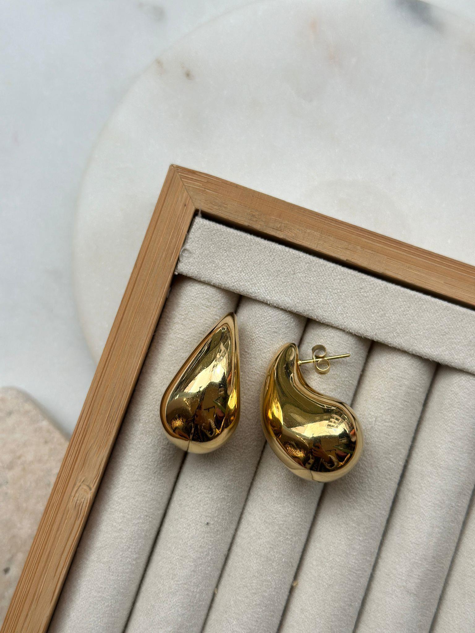 Çelik Gold Plaka Damla Küpe 