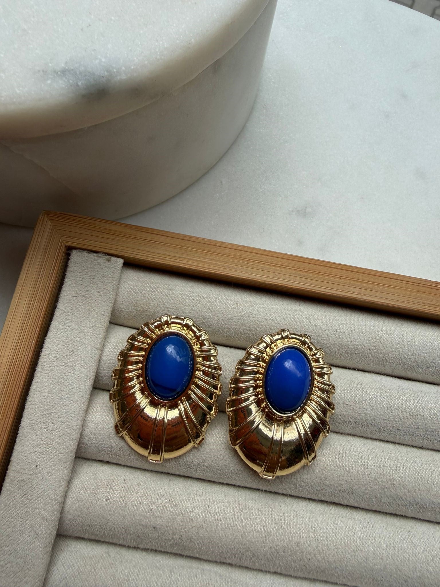 Lacivert Düğmeli Vintage Gold Küpe