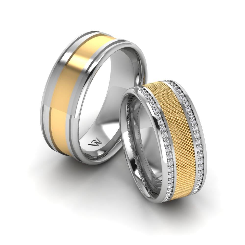Weddingwave-Eheringe mit Weißgold- und gelben Dalloz-Kristallsteinen