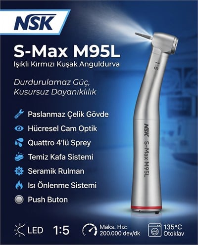 NSK S-MAX M95L IŞIKLI KIRMIZI KUŞAK ANGULDURVANSKNSK S-Max M95L Işıklı Kırmızı Kuşak Anguldurva 1:5 | Paslanmaz Çelik & Seramik Rulman - DENTAL CEPTE