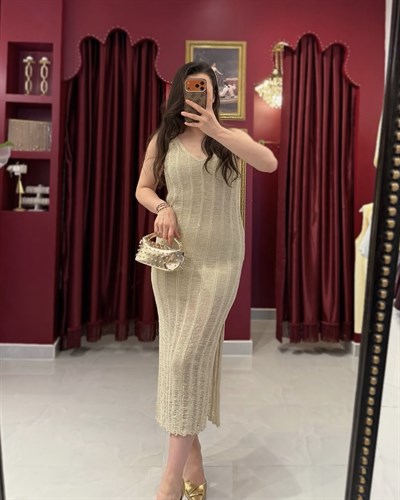 Gold ışıltılı dokuma elbise