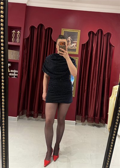 Taşlı lacivert mini elbise