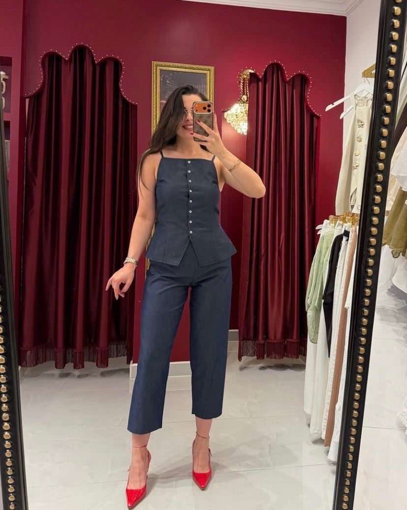 Düğmeli denim bluz