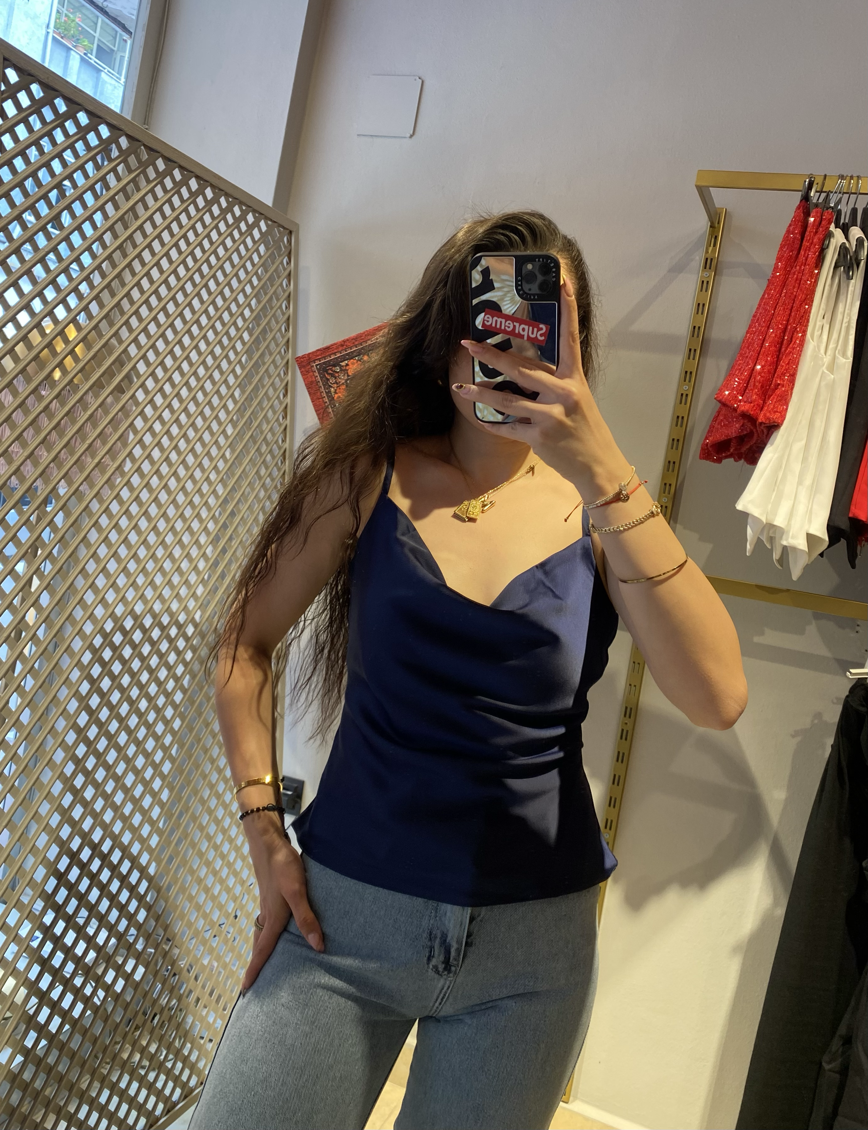 SATEN LACİVERT BLUZ