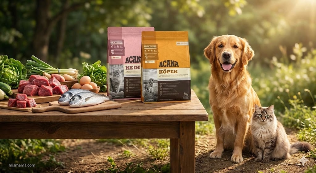 Doğal Bir Çiftlik Ortamında Taze İçeriklerle Çevrili Acana Mama Paketleri ve Sağlıklı Evcil Hayvanlar