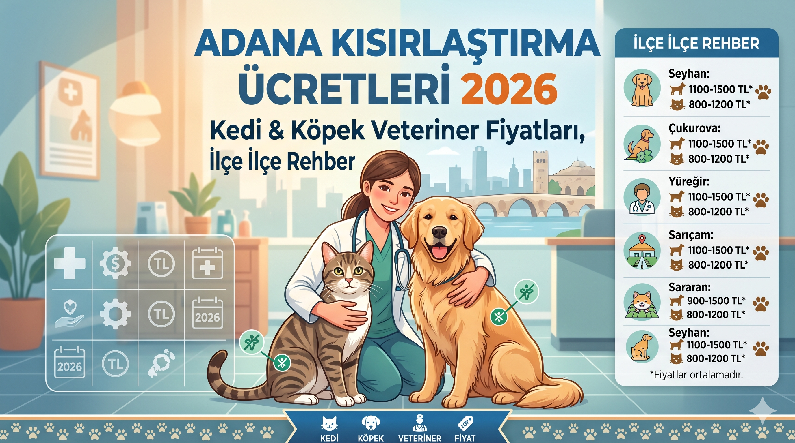 Adana kısırlaştırma ücretleri 2026 kedi köpek veteriner fiyatları Seyhan Yüreğir Çukurova rehberi Mismama