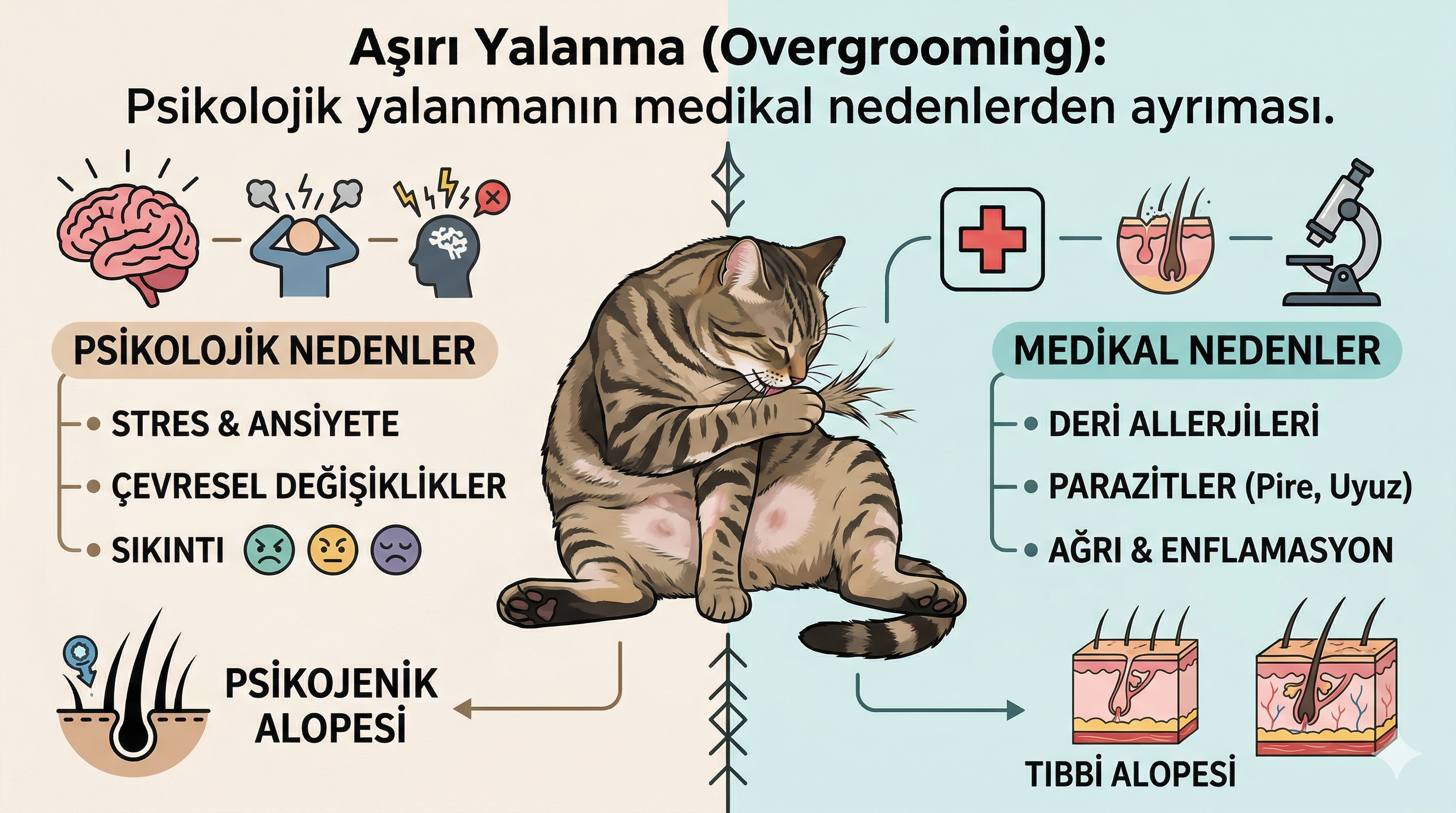 kedi aşırı yalanma, kedi overgrooming nedenleri, kedi psikojenik alopesi, kedi tüy dökülmesi stres, kedi deri alerjisi yalanma