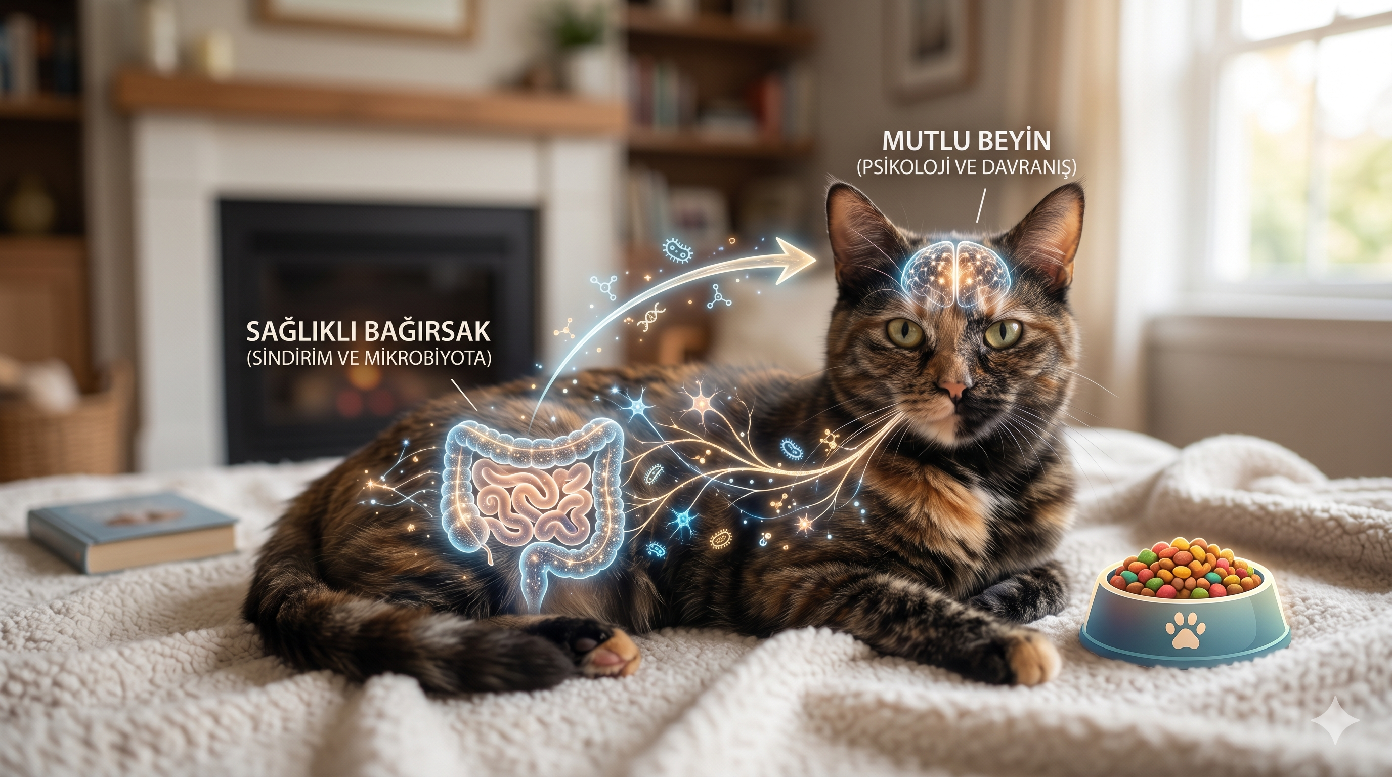 Kedi bağırsak-beyin aksı ve mama psikoloji etkisi rehberi - kedi anksiyetesi mikrobiyom Mismama 2026