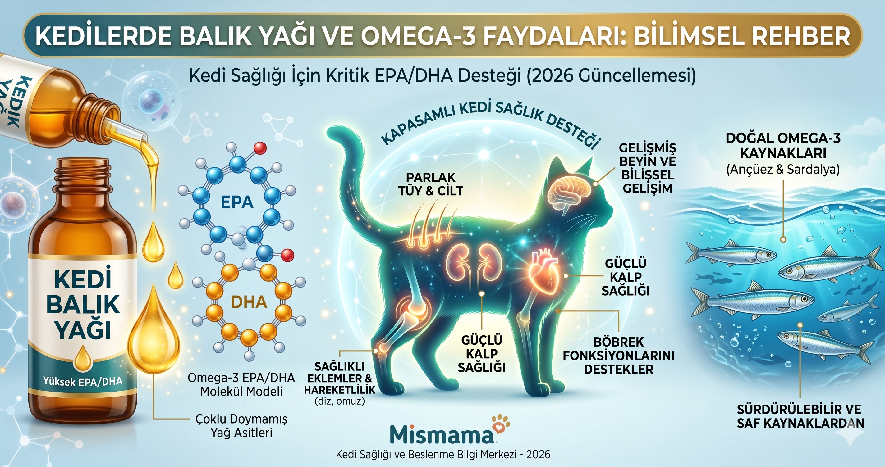 Balık yağı kedi faydaları - omega-3 EPA DHA cilt tüy eklem kalp böbrek beyin Vendramini 2025 PubMed sistematik derleme Welactin Nordic Naturals 2026 Mismama bilimsel rehber