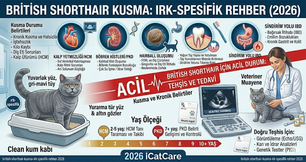 British Shorthair kusma nedenleri - HCM PKD hairball FORL brakisefalik reflu obezite ırk spesifik yatkınlıklar PetSure 2025 raporu echo PKD DNA testi 2026 Mismama bilimsel rehber