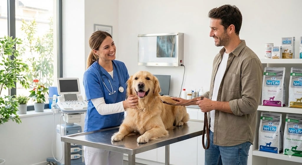 Modern Bir Veteriner Kliniğinde Güler Yüzlü Bir Hekim, Köpek Hastası ve Sahibi