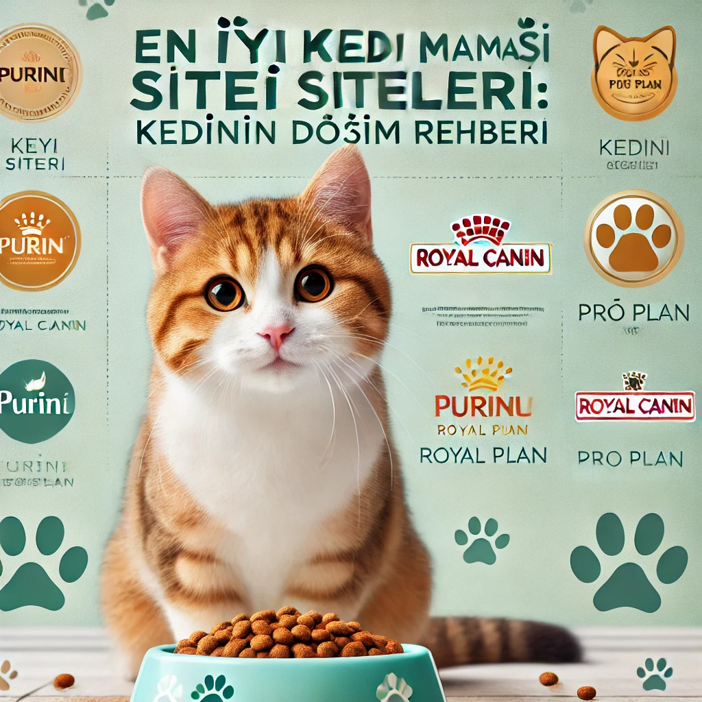 En İyi Kedi Maması Siteleri kapak resmi: Mutlu ve sağlıklı bir kedi, mama kabı ve popüler kedi maması markalarını temsil eden ikonlar.
