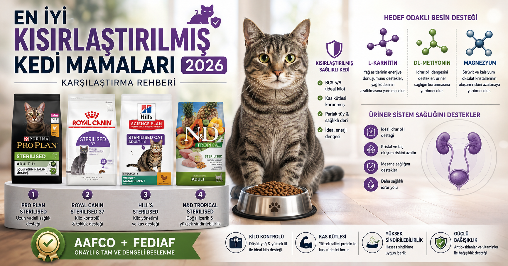 En iyi kısırlaştırılmış kedi mamaları 2026 karşılaştırma - Pro Plan Sterilised Royal Canin Sterilised 37 Hill's Science Plan N&D Tropical Brit Care Acana L-karnitin DL-metiyonin %35 protein üriner sağlık veteriner onaylı Mismama bilimsel seçim rehberi