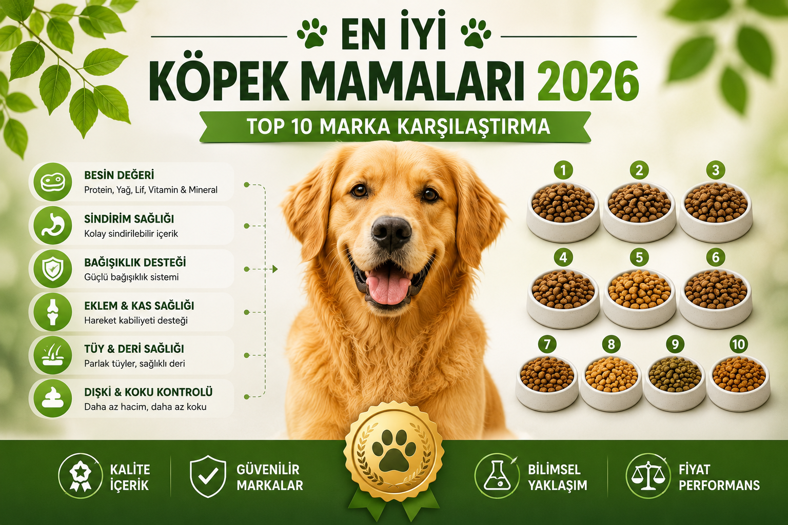 En iyi köpek mamaları 2026 top 10 marka karşılaştırma - Pro Plan Royal Canin Hill's Farmina N&D Acana Orijen Brit Care premium köpek mamaları WSAVA AAFCO veteriner onaylı seçim rehberi Mismama