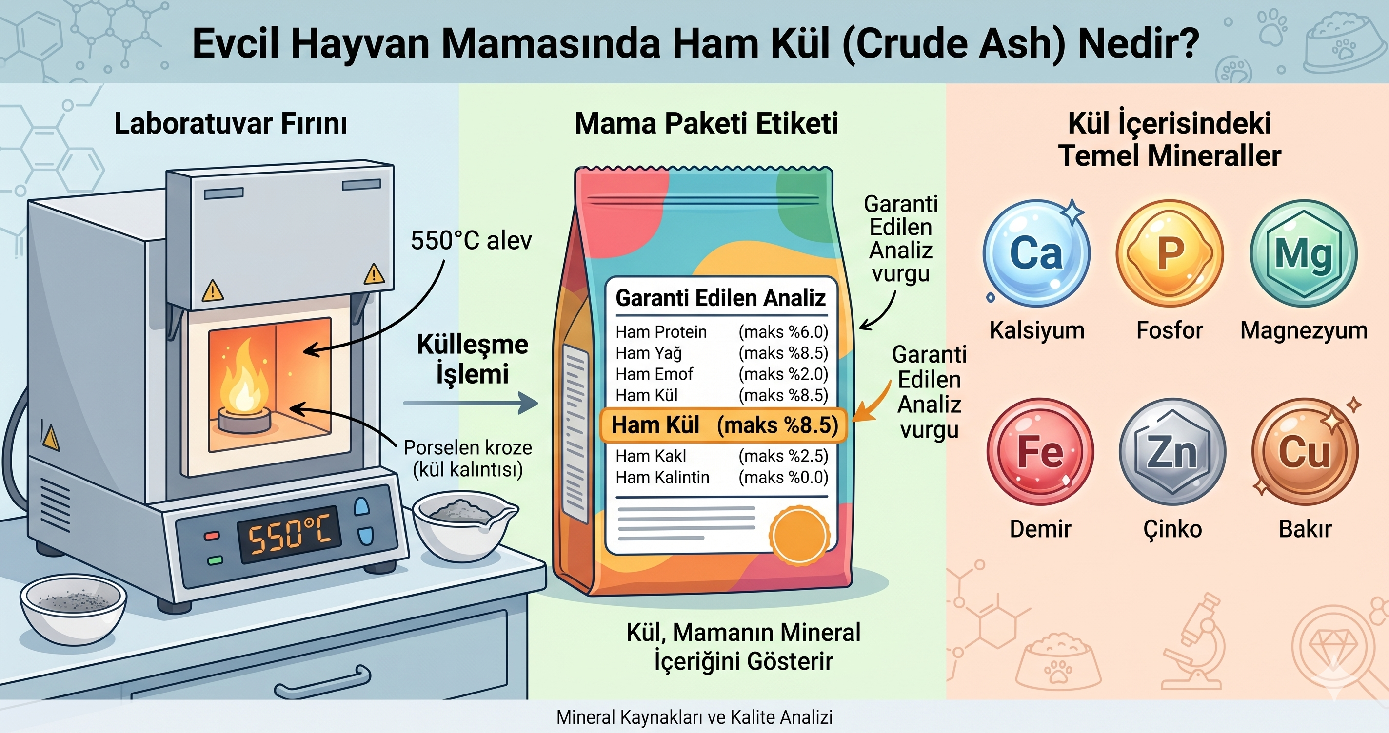 Evcil hayvan mamasında ham kül crude ash - AOAC 942.05 yakma metodu mineral içerik AAFCO FEDIAF garanti edilen analiz etiket okuma 2026 Mismama bilimsel rehber