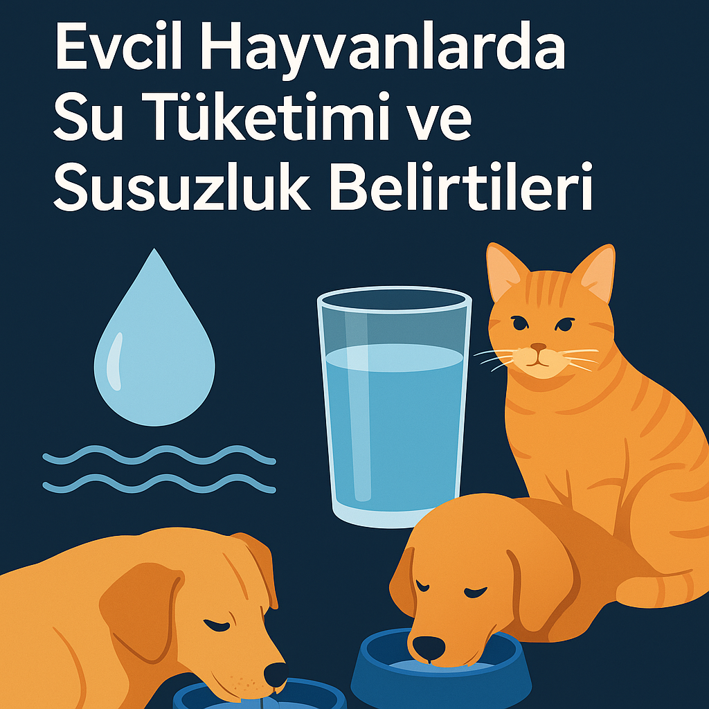 Su dolu mama kabından içen sarı-kahverengi bir köpek ile yanındaki kedi figürü, üstte “Evcil Hayvanlarda Su Tüketimi ve Susuzluk Belirtileri” başlığı arka planında, su damlası ve dalga simgeleriyle tasarlanmış modern illüstrasyon