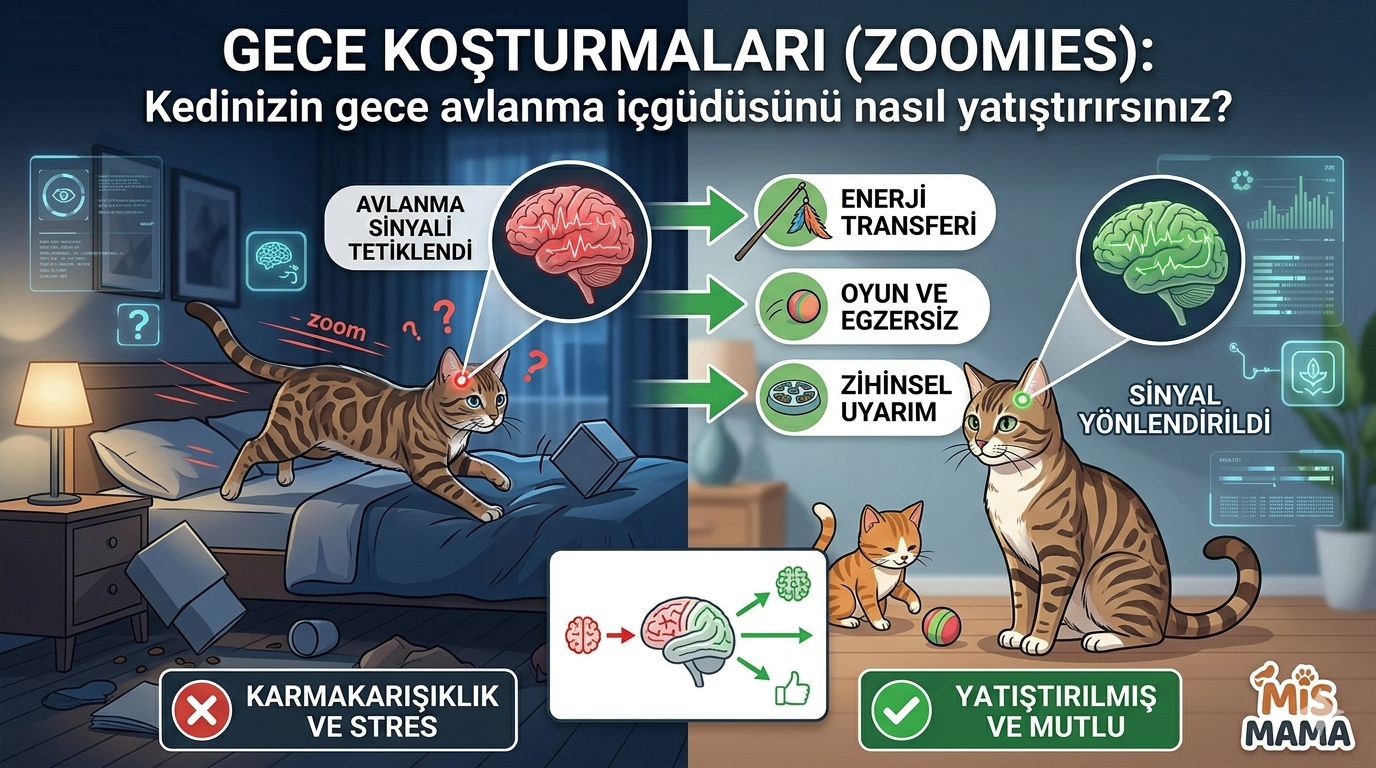 Kedi Gece Koşturmaları (Zoomies) — FRAP ve Avlanma İçgüdüsü Rehberi | Mismama.com