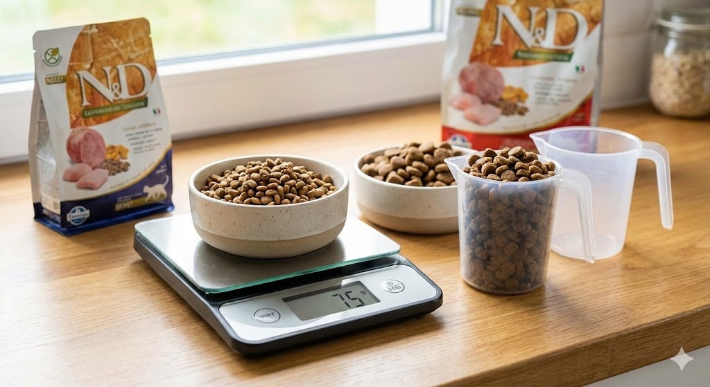 Mutfak Tartısında Ölçülen Kedi ve Köpek Maması ve Yanında Ölçü Kabı