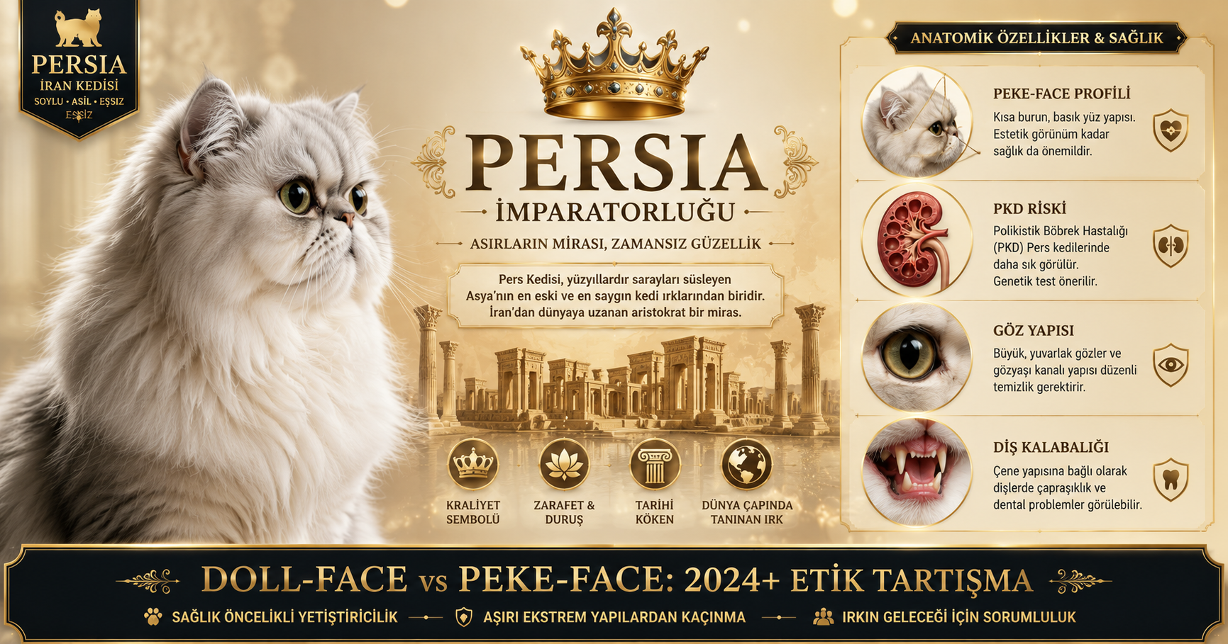 İran kedisi pers kedisi özellikleri bakımı davranışları rehberi - doll-face peke-face ayrımı PKD HCM PRA brakisefalik sendrom epifora dental malocclusion günlük grooming uzun tüy yaşam 12-17 yıl 2026 Mismama bilimsel ırk rehberi