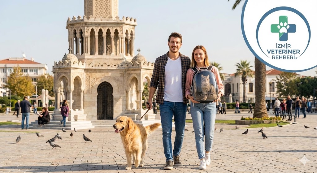 İzmir Saat Kulesi Önünde Kedi ve Köpeğiyle Yürüyen Mutlu Bir Çift ve Veteriner Simgesi