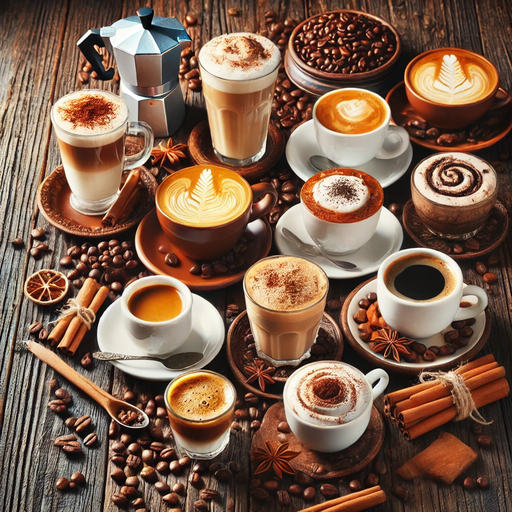 Kahve çeşitleri, espresso, latte, cappuccino, macchiato, mocha ve Türk kahvesi gibi farklı kahve türlerini gösteren görsel