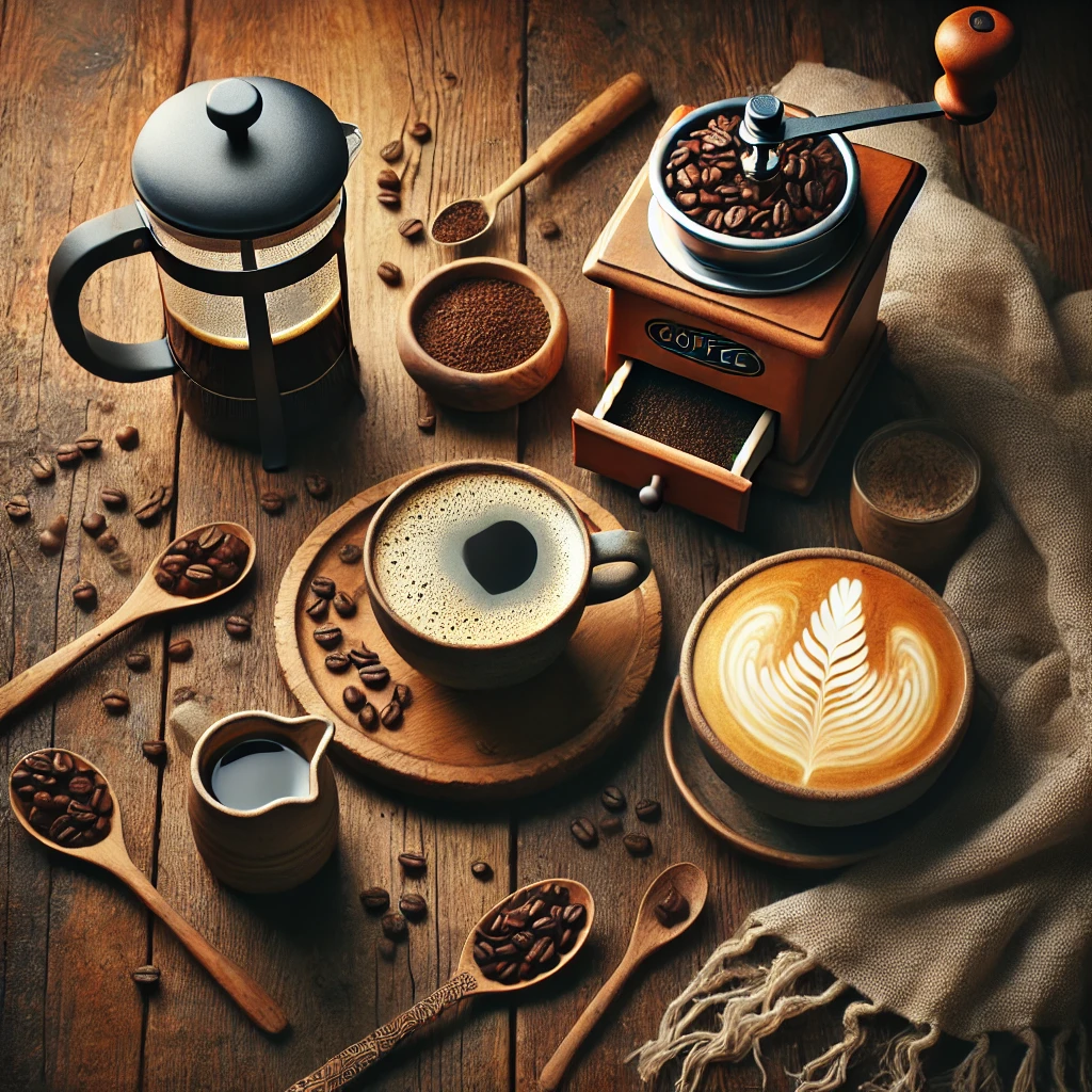 Kahve tutkunları için latte, espresso ve kahve çekirdekleriyle hazırlanan davetkar bir kahve düzeni