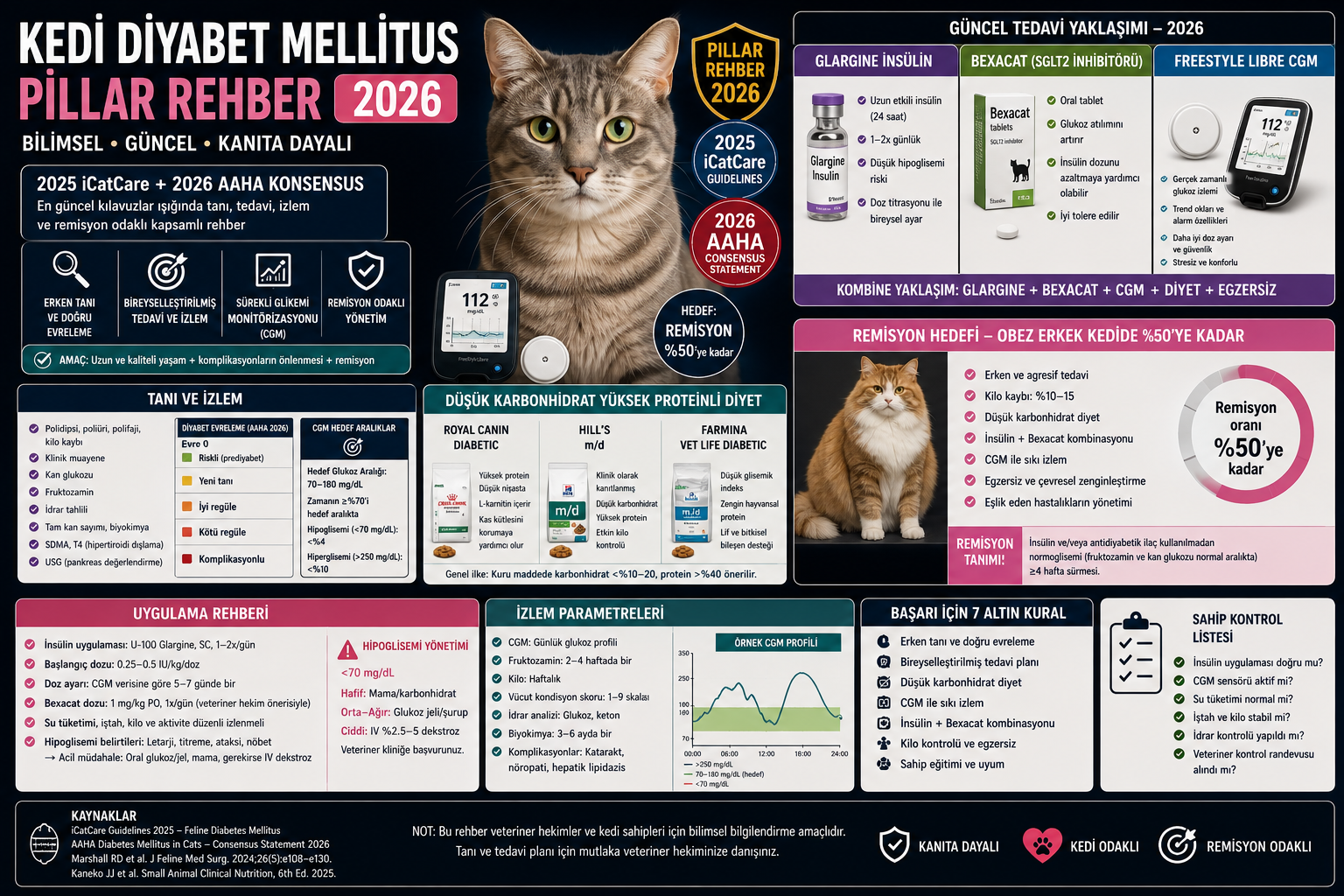 Kedi diyabet mellitus pillar rehber - 2025 iCatCare + 2026 AAHA konsensus, Glargine insülin + Bexacat SGLT2 oral tablet, FreeStyle Libre CGM, düşük karbonhidrat mama Royal Canin Diabetic Hill's m/d Farmina Vet Life, obez erkek kedide %50 remisyon Mismama bilimsel rehber 2026