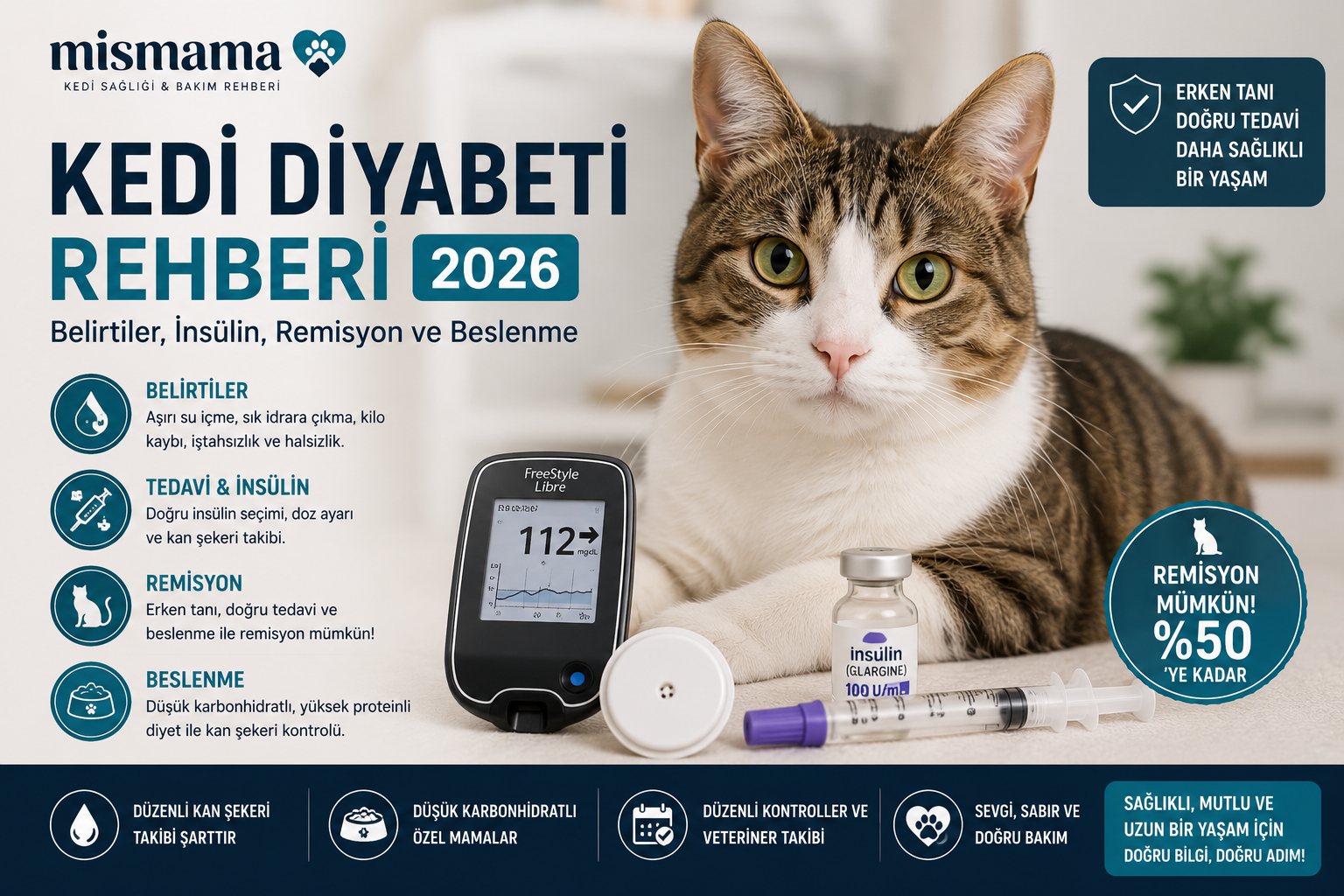 Kedi Diyabeti Rehberi 2026 — Belirtiler, İnsülin Tedavisi, Remisyon ve Düşük Karbonhidrat Beslenme | Mismama.com