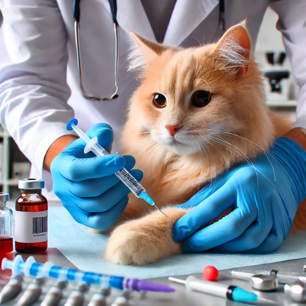 Veteriner masasında oturan sağlıklı bir kedi, veteriner tarafından muayene ediliyor. Arka planda temiz ve steril bir klinik ortamı var