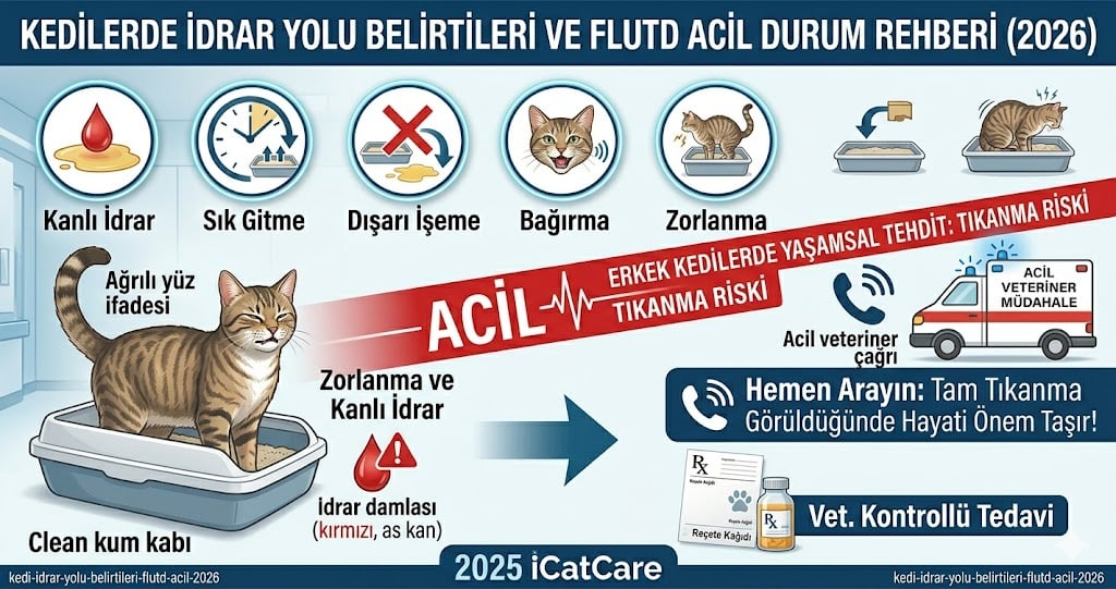 Kedi idrar yolu belirtileri FLUTD - dysuria hematuria stranguria pollakiuria periuria FIC erkek kedi üretra tıkanması ACİL 24 saat ölümcül 2025 iCatCare konsensüs Mismama bilimsel rehber 2026