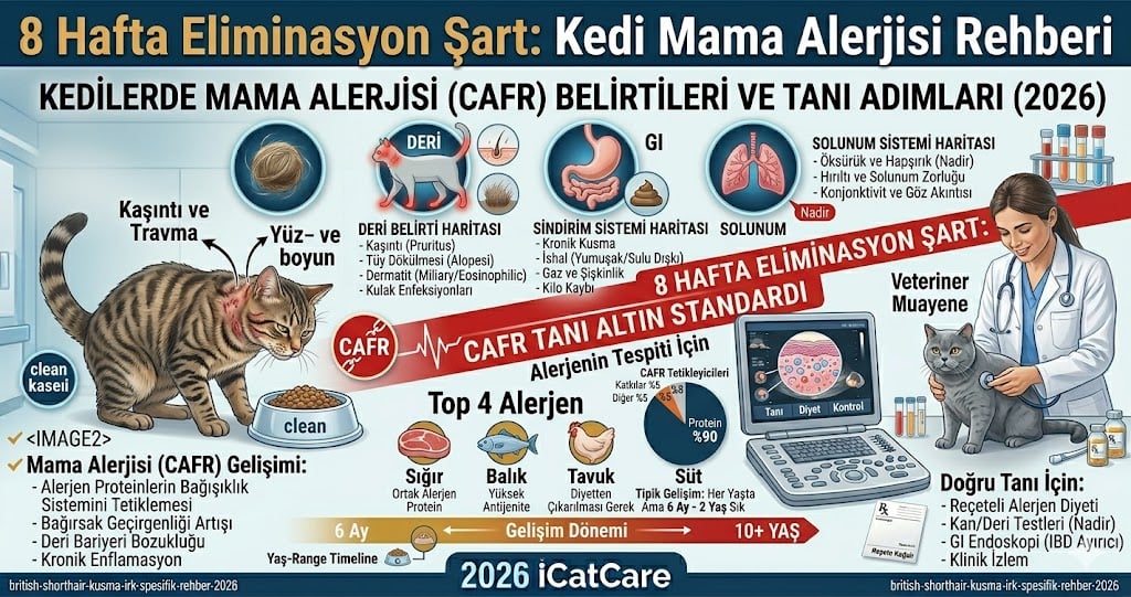 Kedi mama alerjisi belirtileri - CAFR head-neck pruritus miliaer dermatit simetrik alopecia eozinofilik granüloma GI kronik kusma ishal Mueller-Olivry top alerjenler sığır balık tavuk 2026 Mismama bilimsel rehber