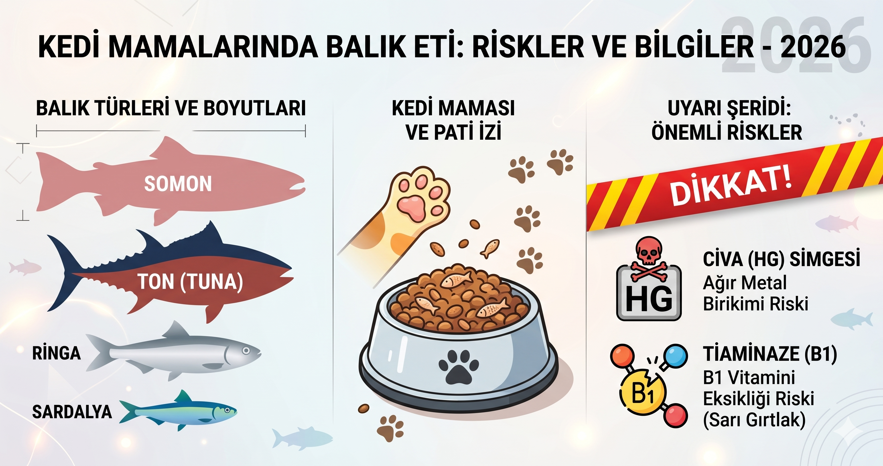 Kedi mamalarında balık eti faydaları - somon ton sardalya ringa karşılaştırma civa tiaminaze pansteatit taurin AAFCO 2026 Mismama bilimsel rehber