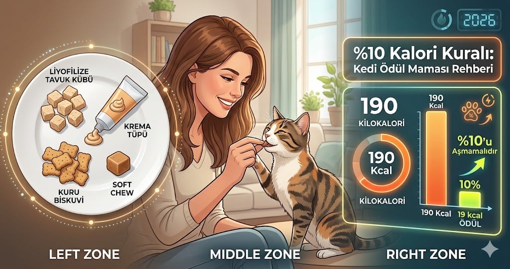 Kedi ödül maması ne kadar verilir - %10 kalori kuralı WSAVA AAHA Cornell günlük doz hesabı liyofilize krema kuru treat Catit Sheba Wanpy 2026 Mismama bilimsel rehber