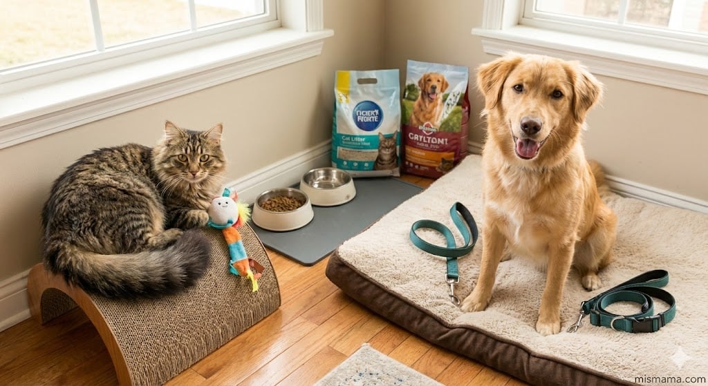 Ev ortamında yeni sahiplenilmiş mutlu bir kedi ve köpek ile hazırlık malzemeleri - mismama.com