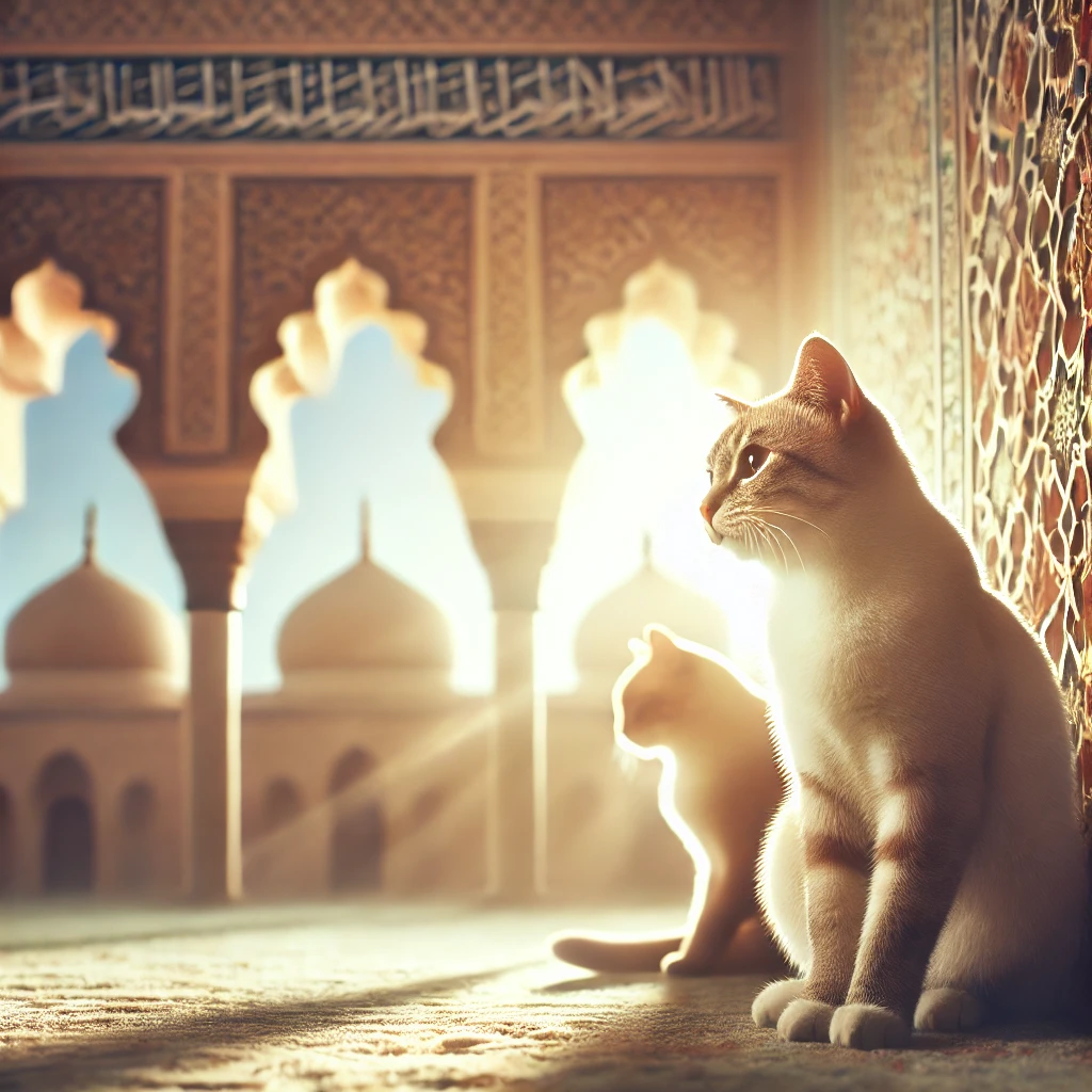 Geleneksel İslami motifler arasında huzur içinde oturan bir kedi.