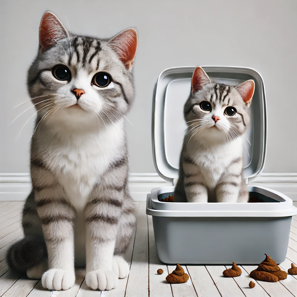 Meraklı bir kedi kum kabının yanında oturuyor ve neden dışkısını yediğini düşünüyor